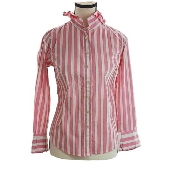Banana Republic Button Up Blouse Womens 0P Pink White Striped Ruffle Collar - Picture 1 of 7